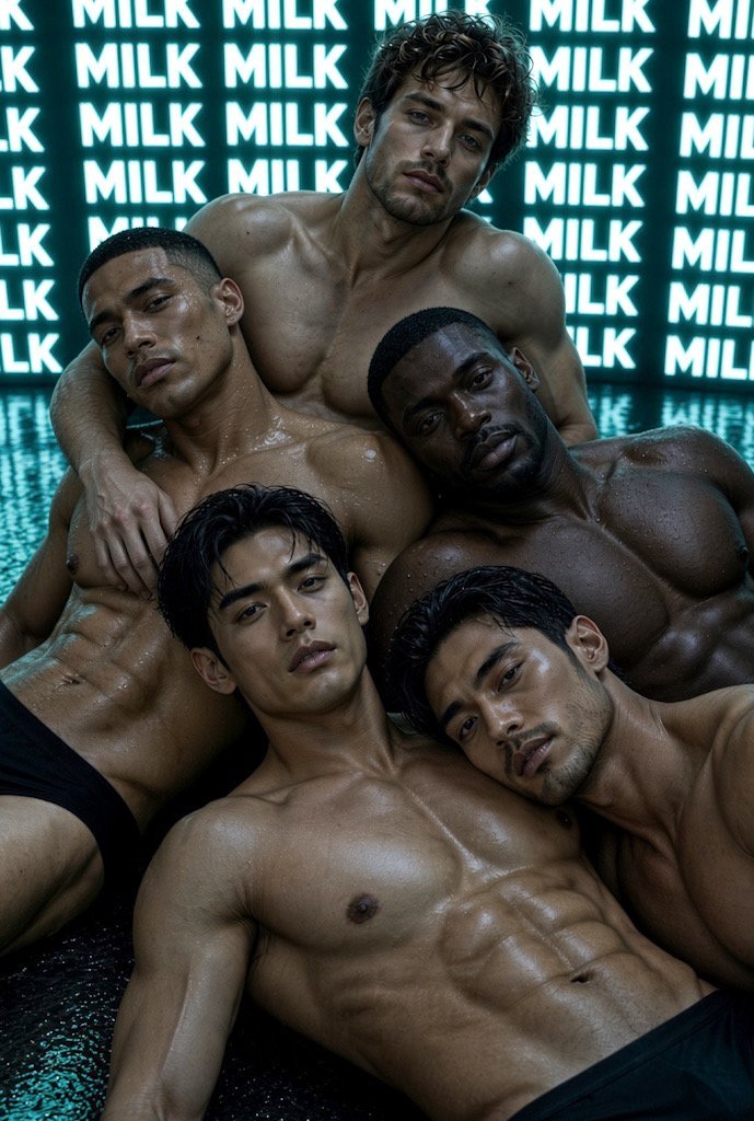 Five shirtless men lying close together on a wet, glittering floor in front of a wall of glowing MILK wordmarks