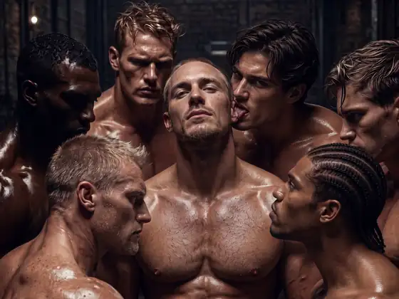 Shirtless men pressed close around one man in a dark brick alley, one kissing his ear
