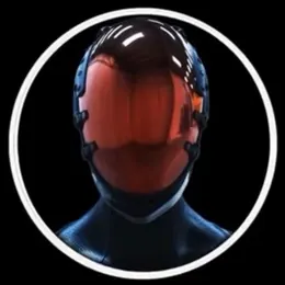 JAX, MILK's AI assistant: a faceless figure in a glossy helmet with a red visor, inside a white ring