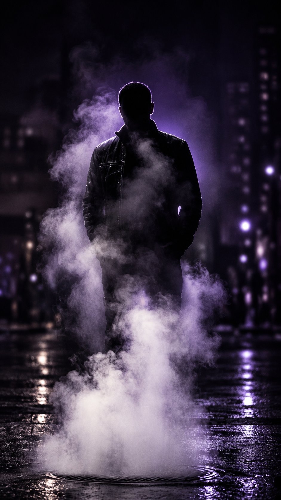 A man in a leather jacket, face in shadow, standing in street steam on a wet, purple-lit city street at night