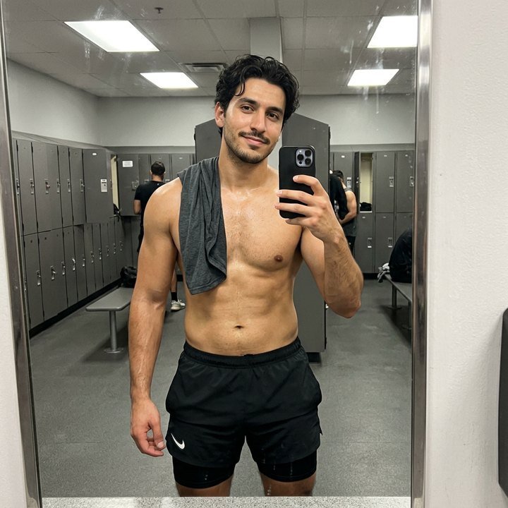 Amir taking a shirtless locker room mirror selfie