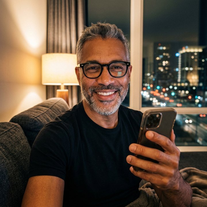 Jordan smiling with his phone on the couch at night