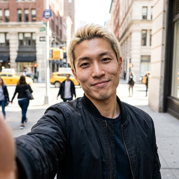 Kenji taking an arm’s-length selfie on a Manhattan sidewalk