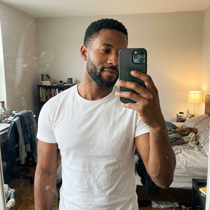 Marcus taking a bedroom mirror selfie in a white t-shirt