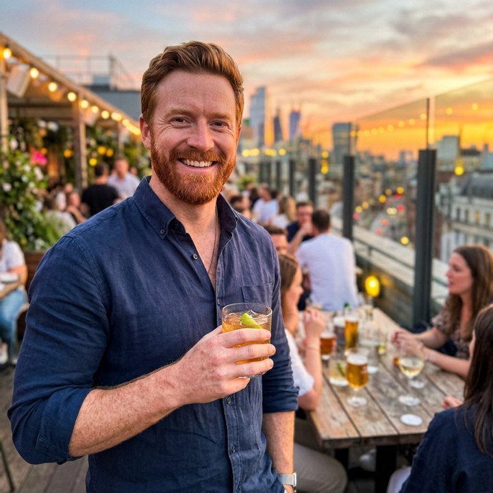 Theo with a drink at a rooftop bar at sunset